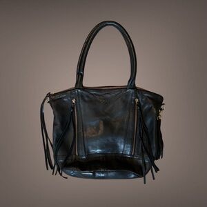 Women's Day & Mood Black Leather Shoulder Bag Tote with Tassel a
